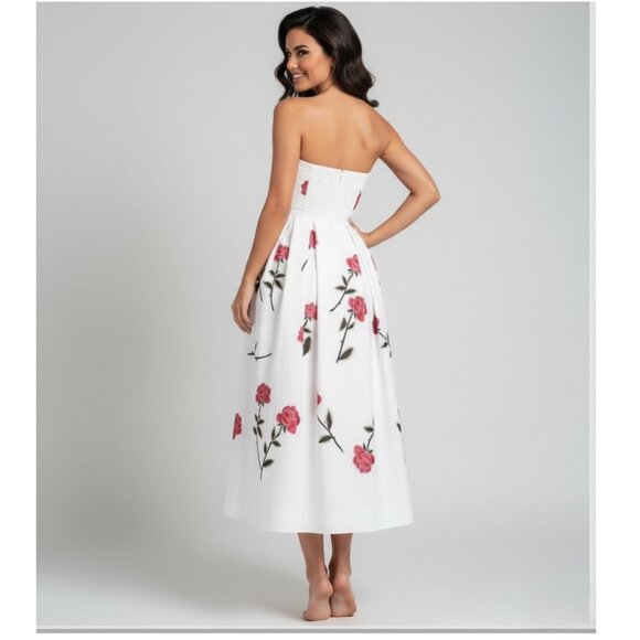 A-Line Floral Rose Printed Strapless Dress With Pockets White - Picture 2 of 9